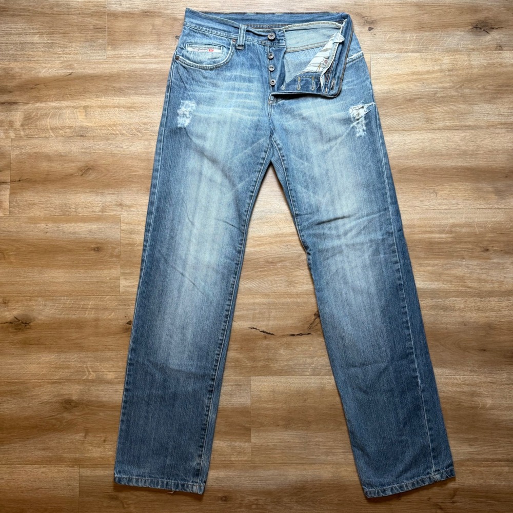 Diesel Kulter Jeans Mens 29x34 Blue Distressed Straight Leg Button Fly Italy Y2K